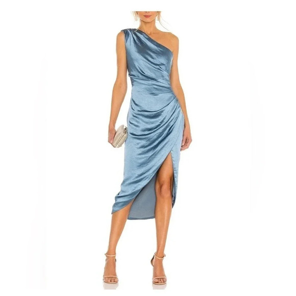 Elliatt Women's Blue Cassini One Shoulder Ruched Sleeveless Midi Dress Size S - Picture 2 of 7